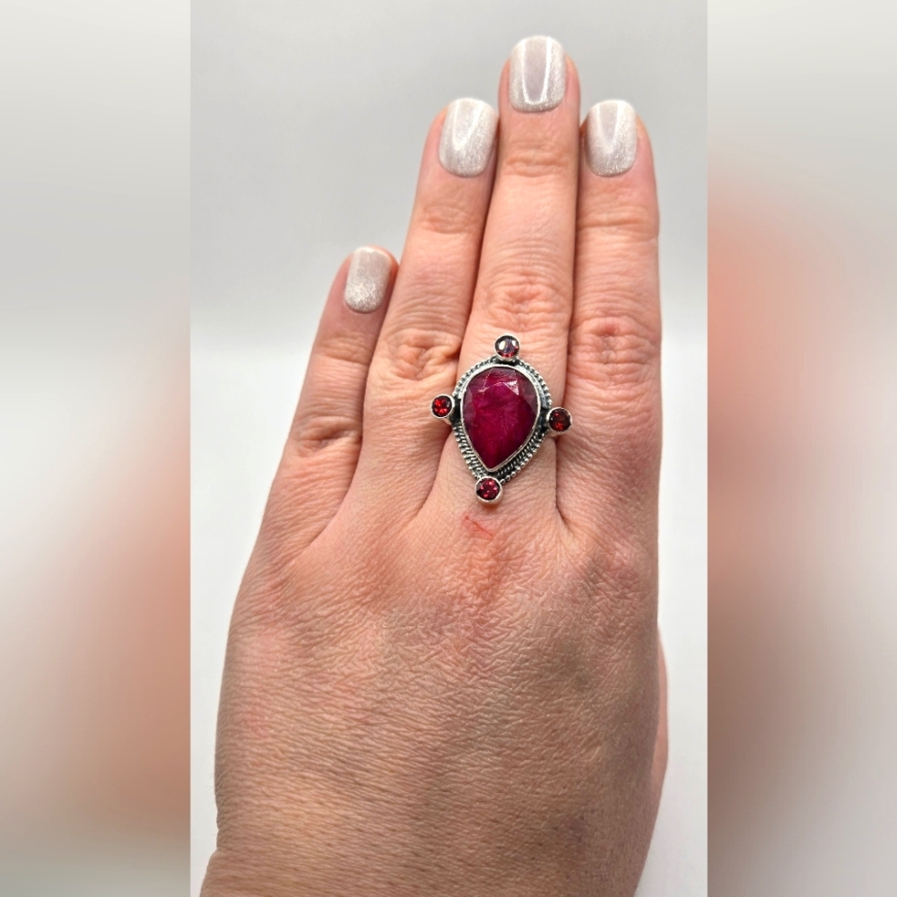 HUGE Faceted Ruby And Garnet Sterling Silver Statement Ring